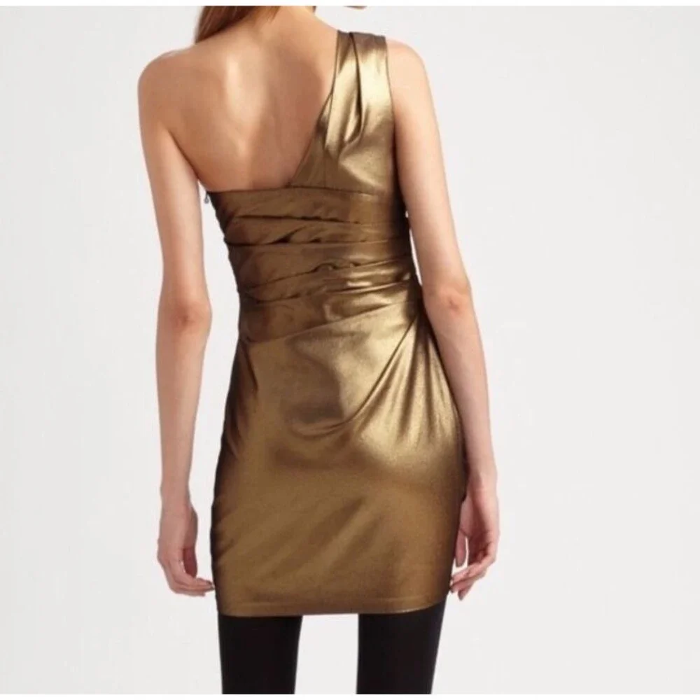 Robert Rodriguez One Shoulder Bronze Metallic Draped Cocktail Dress Size 6